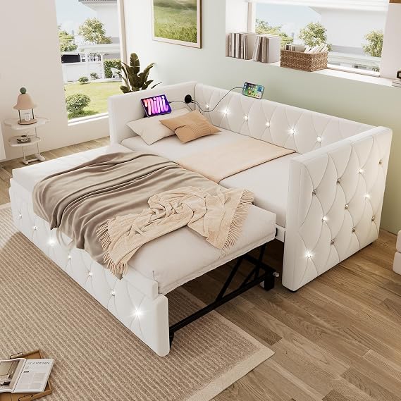 Daybed, Single Bed Frame with Trundle, 3ft Sofa Bed with Charging Ports, Pull Out Bed for Living Room and Bedroom, Velvet, (No Mattress) (Beige)