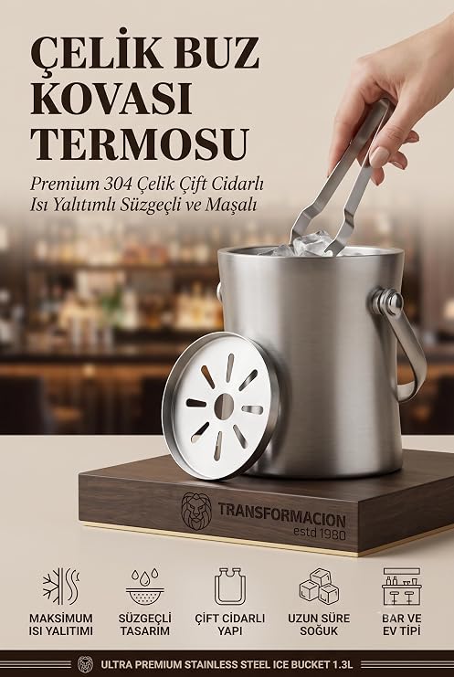 Transformacion Çift Cidarlı Isı Yalıtımlı Buz Kovası Termosu 1.3 L - Premium 304 Paslanmaz Çelik Süzgeçli ve Maşalı Profesyonel Bar ve Ev Tipi Endüstriyel Kumlama Lüks Buzluk 723393