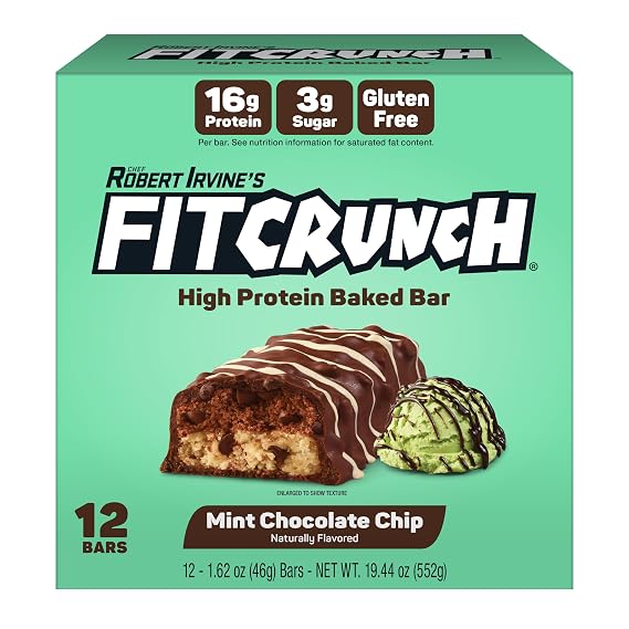 FitCrunch 16g High Protein Baked Bar, Mint Chocolate Chip, 12 Ct | Chef-Created unique 6-Layer Baked Bar, Gluten Free, Low Sugar