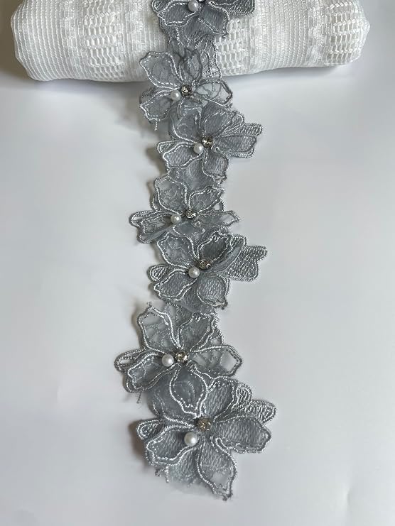 Lace Trim Ribbon,2 Yards 3D Pearl Beads Flower Floral Applique, Grey