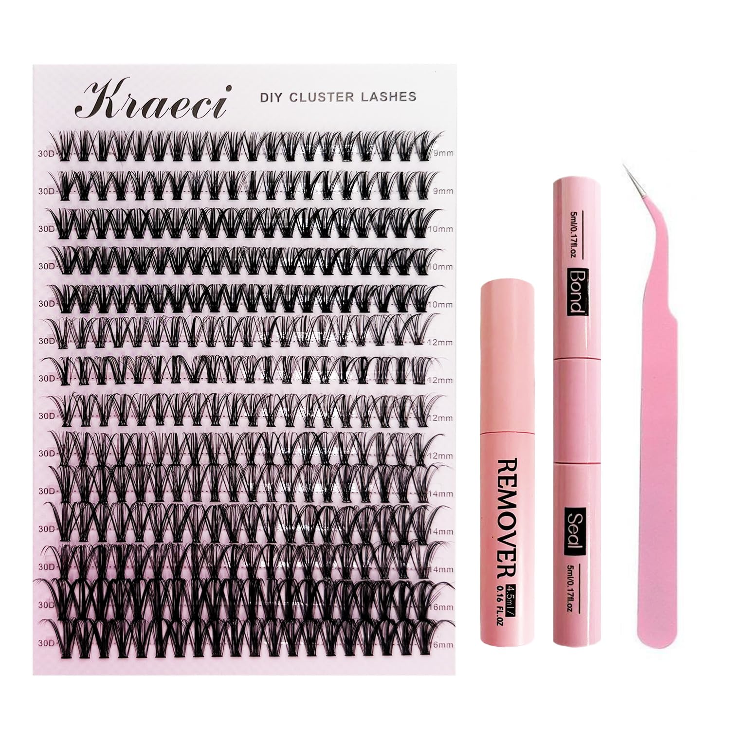 Lash Extension Kit DIY with Adhesive Remover for Safe Removal, 280 Clusters 9-16mm, 30D Volumes, Bond Glue, Sealant, Tweezers, Home Use Eyelash Starter Kit
