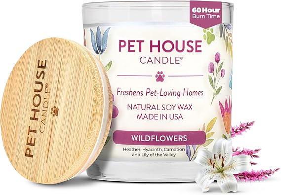 Pet House Candles, Plant-Based Long Lasting, Clean Burning Scented Pet Odor Candles, 60 Hour Burn Time - Wildflowers, 9 oz
