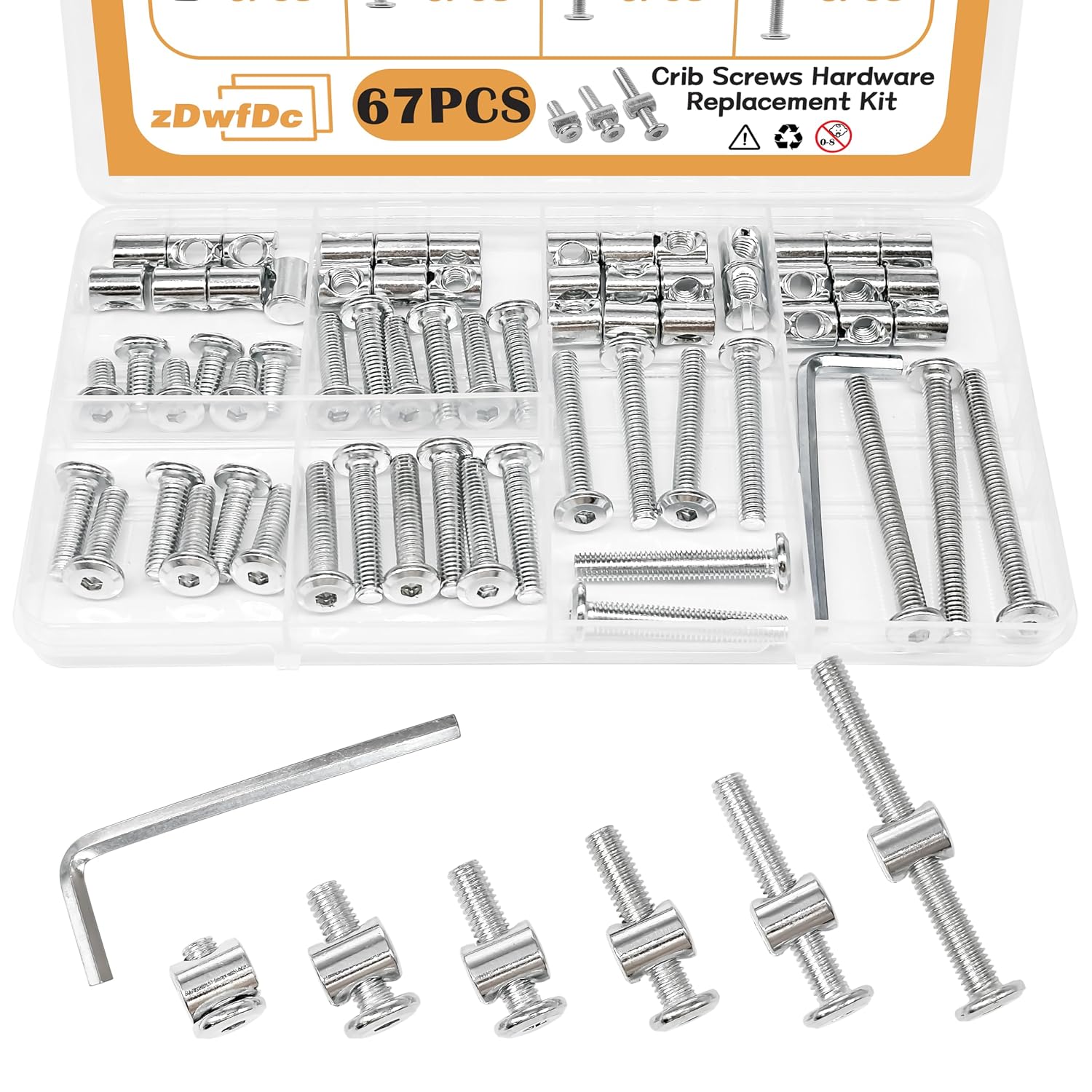 67PCS 6 Sizes Crib Screws Replacement Set, Bed Frame Bolts and Nuts Hardware for Furniture, Crib Screws DD026-s