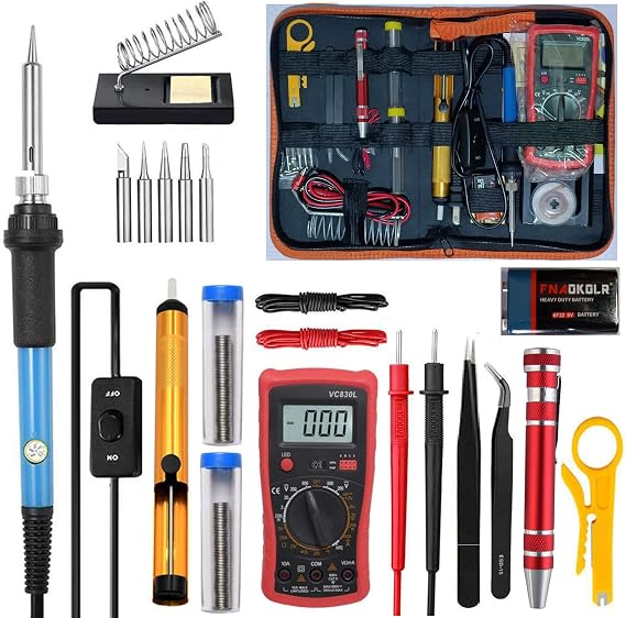 Soldering Iron Kit with Digital Multimeter, 60W Adjustable Temperature Electric Soldering Iron, Electronics Repair Tool Kit for Circuit Board, Jewelry, DIY Hobby, Portable Tool Bag (Red)