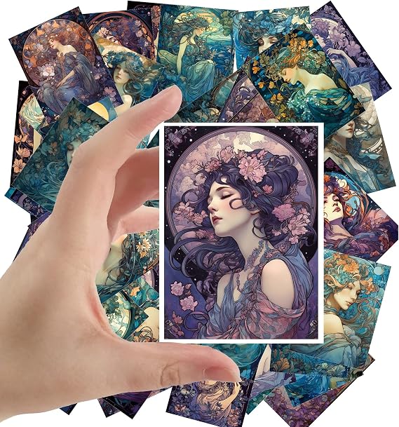 Large Stickers (24 pcs 2.5"x3.5" Each) Floral Art Nouveau Style Portraits of Gorgeous Elegant Women Vintage Postcards Retro Greeting Card Book Illustration Reprint
