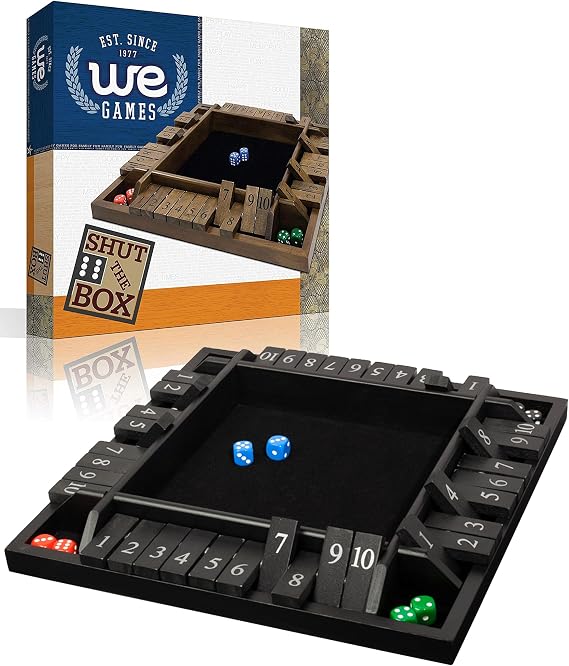 WE Games Wooden Shut the Box Game 4 Player - 10 Number Tiles & 8 Dice - Large 14-Inch, Black Stained Wood Finish