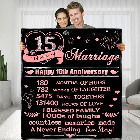 15 Years of Marriage Anniversary Blankets Gifts for Women, Happy 15th Anniversary Wedding Valentines Gift for Her Wife, Rose Gold Throw Blankets Gifts for Mom