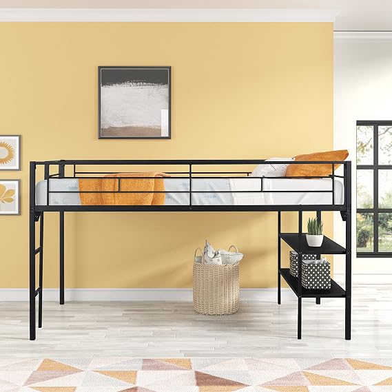 Metal Twin Low Loft Bed with Storage Shelves and Ladder, Bunk Floating Bed for Kids,Space Saving,No Box Spring Needed, Easy Assembly(Black)