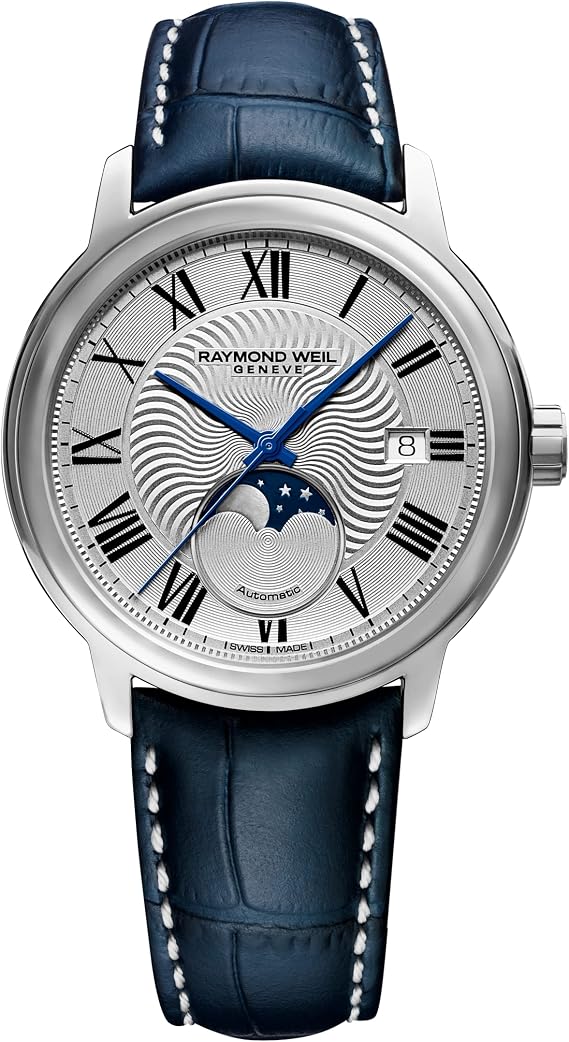 Raymond Weil Maestro Men's Automatic Watch, Silver Dial Roman Numerals, Moon Phase, Blue Leather Strap 39.5 mm (Model: 2239-STC-00659)