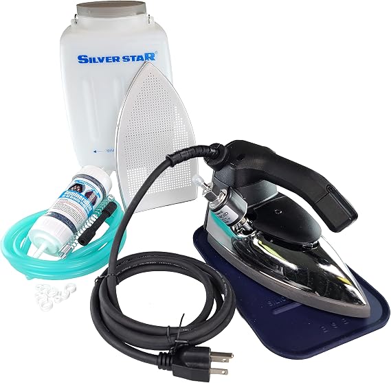 Silver Star ES-90A Steam Iron 110 Volt Gravity Fed Hanging Bottle Clothes Iron with Non-Stick Laminate Sole Plate, Demineralizer Cartridge, Silicon Iron Rest & Hardware