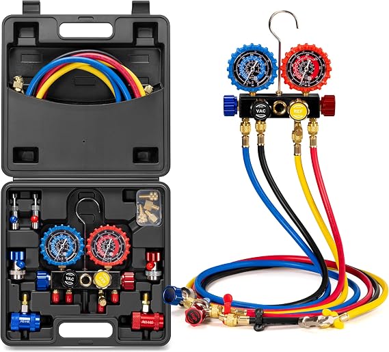 VIVOHOME 4 Way HVAC Gauges with R134a R1234yf Quick Couplers and Can Taps