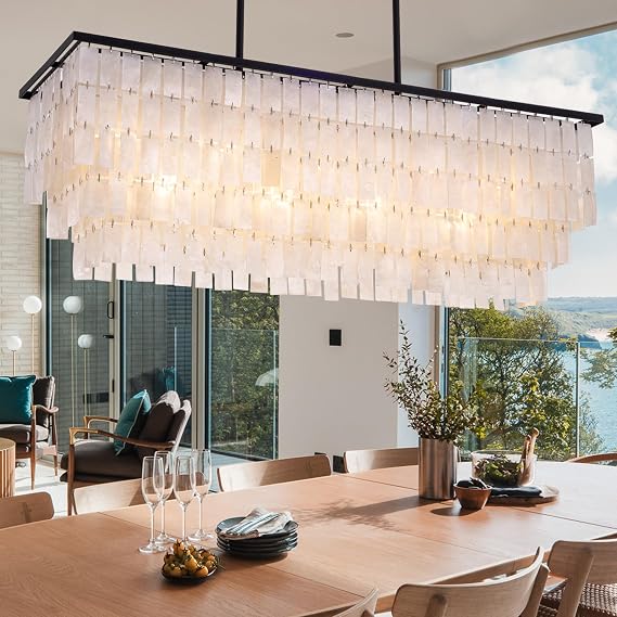 TOCHIC Rectang Capiz Shell Chandelier 40"L Coastal Chandelier Light Fixture | 9 Lights Shell Chandelier Dining Living Room Bedroom Foyer, Natural