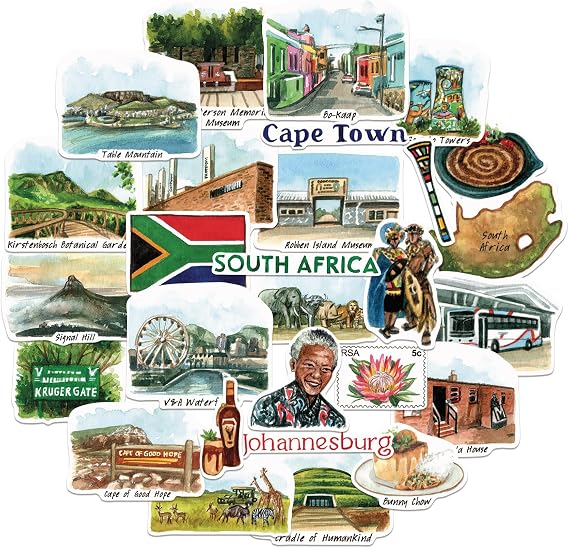 Navy Peony Spirited South Africa Travel Stickers (28pcs) - Hand-Illustrated, Cape Town, African-Themed Decals for Journals, Scrapbooks, Luggage