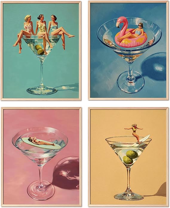 Kaderas Wall Art Room Decor, Martini Cocktail Posters Quirky Summer Bikini Cocktail Surf Prints for Bar Bedroom Bathroom