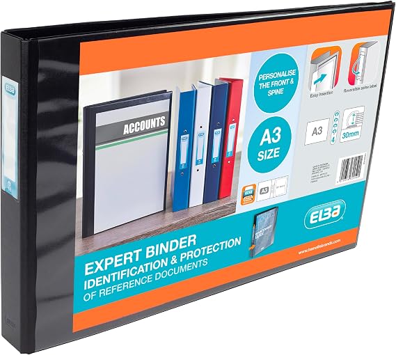Elba A3 4 D-Ring Binder, PVC-Covered Presentation Folder with Customisable Cover, 55 mm Spine, 30 mm Capacity, Landscape, Black, Single