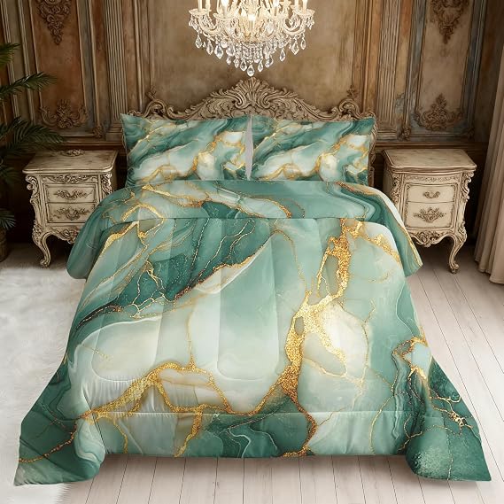 Green Gold Marble Comforter Set Full Size, Abstract Sage Bedding 3 Piece Super Soft for All Season, Green Gold Marble Bedroom Decor, Down Alternative Bed Comforter with 2 Pillowcases 82J9R