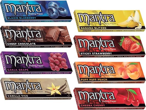 Mantra 1 1/4" (78mm) Flavored Rolling Papers Variety Pack - 8 Booklets per Bundle