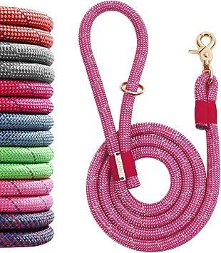Nylon Rope Dog Leash Reflective, Handmade Braided Strong Dog Lead, Heavy Duty Rope Leash for Medium Large Dogs, 5 FT - 3/5", Rose Red