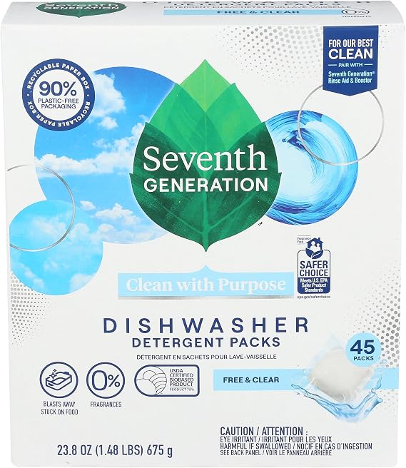 Dishwasher Detergent Packs, Free & Clear, 45 Packs, 23.8 oz (675 g), Seventh Generation