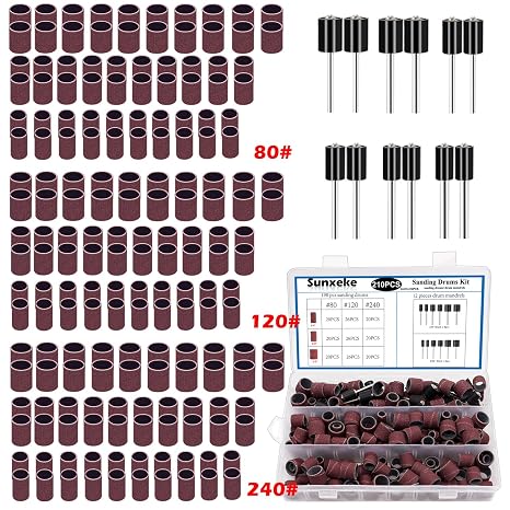 210 Pieces Sanding Drums Kit,Drum Sander Sleeves 198pcs(80 120 240Grit),12Pcs Drum Mandrels diameters,for Dremel Rotary Tool