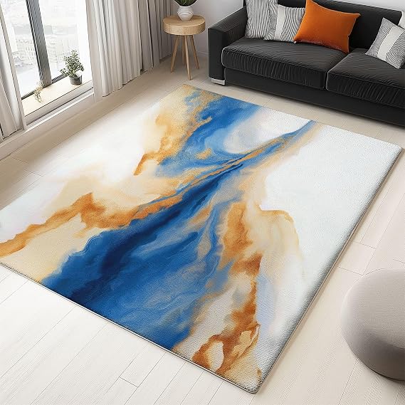 Living Room 5'x8' White Area Rug Washable, Abstract Desert Marble Bedroom Rugs Non Slip, Faux Cashmere Low-Pile Carpet Stain Resistant for Nursery, Dining, Kids Playroom, Office