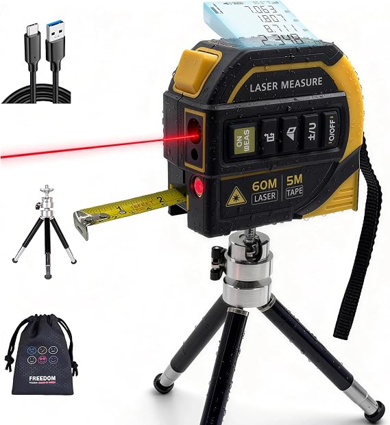 4-in-1 Laser Tape Measure with Level,16Ft Ruler,197Ft Laser | Almighty Digital Measure,197Ft Distance Meter and 16Ft Auto-Lock Tape,Crosshair ,Angle Finder,Backlit LCD,USB-C Rechargeable