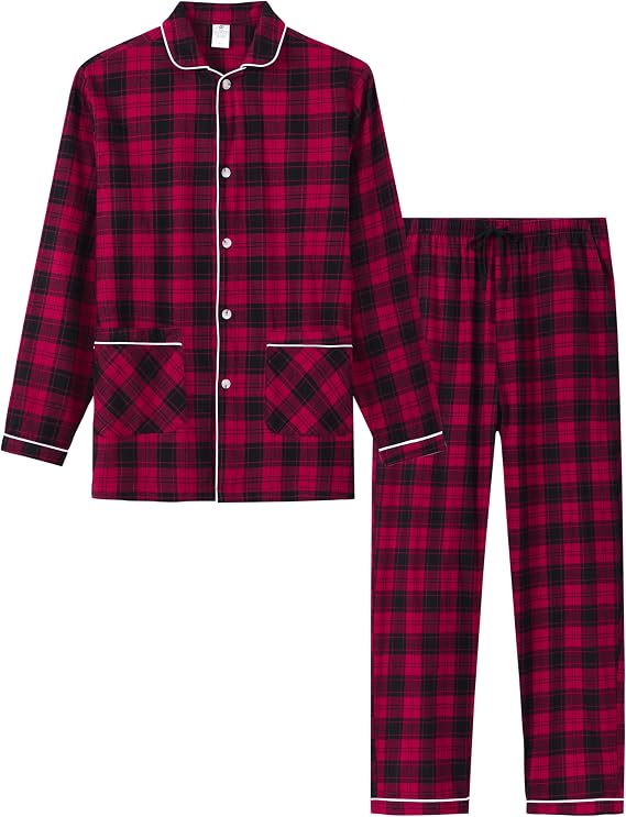 MoFiz Mens Pajama Set Soft Cotton Button Down Notched Collar Pjs Long Sleeve 2 Piece Sleepwear Lounge Nightwear with Pocket