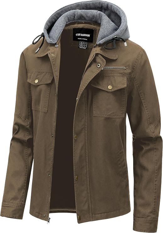 Men's Cotton Lightweight Jacket Military Canvas Field Coat Work Outwear Casual Spring Cargo Jacket with Hooded