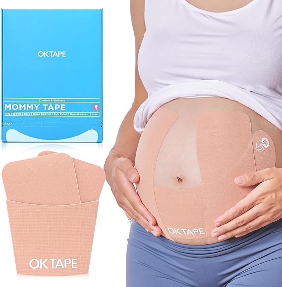 OK TAPE Pregnancy Belly Band Tape, for Belly Pain, Back Pain Relief | Swelling Relief, Non-irritant Physical Belly Support Tape for Pregnant Women, Precut 4 Sets - Week 27 onwards