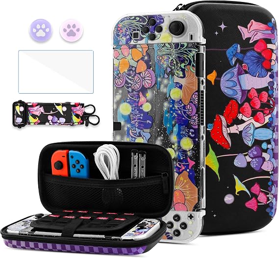 HYPERCASE Sevimli Mantar Çiçek Anahtarı OLED Taşıma Çantası, Taşınabilir Seyahat Aksesuarları Saklama Çantası Glitter Switch OLED Koruyucu Kapak Cilt, Omuz Askısı, Ekran Koruyucu ve 2 Thump Caps