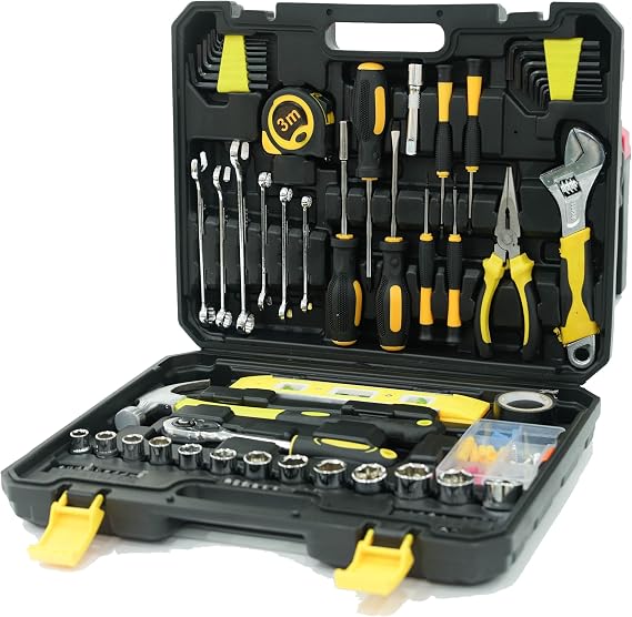 108-Piece Household Tool Kit for DIY & Home Repair – Complete Tool Set with Claw Hammer, Adjustable Wrench, Ratchet Wrench, Screwdrivers, Socket, Plier, and More in Portable Storage Case