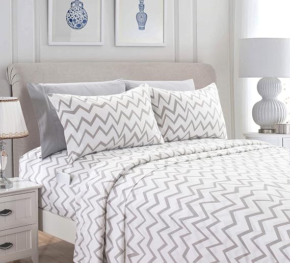 Elegant Comfort Chevron Pattern Collection 4-Piece Sheet Set Deep Pocket 1500 Thread Count, Fade, Stain, and Wrinkle Resistant, Fitted Sheet with Smart Pockets, Chevron Sheet Set, Twin, Gray