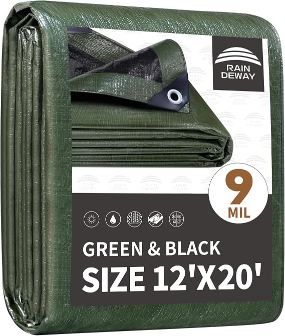 RAINDEWAY 12x20 Feet Tarp Waterproof,9Mil Green/Black Poly Tarps Cover