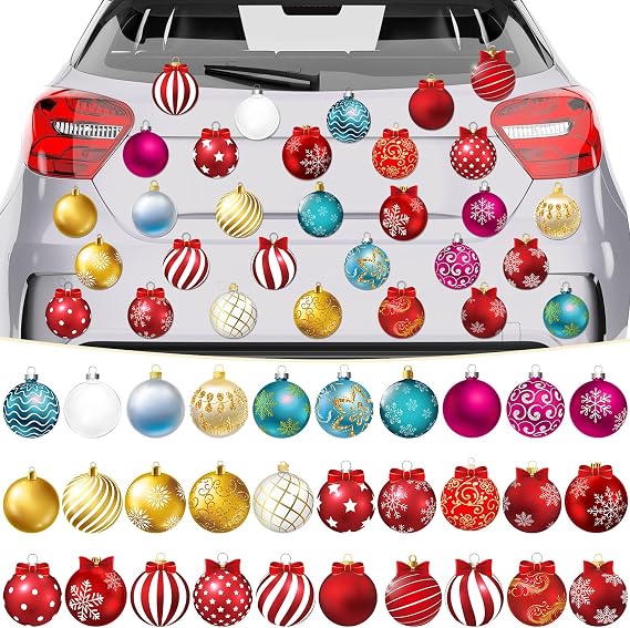 Bememo 30 Pcs 40 Pcs Christmas Reflective Car Magnets Set Christmas Car Decorations Light Bulb Magnets Snowflake Ribbon Bow Decorations for Holiday Xmas Home Garage Refrigerator Door (Ball)