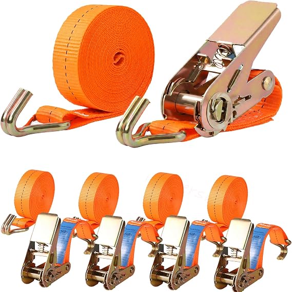 4 Pack 800 kg Ratchet Straps, Heavy Duty Tie Down Straps With J-Hooks, 5M x 2.5CM, Adjustable Tensioning Belt Lashing Strap For Van Trailer Cargo Motorcycle Load Securing (Orange)