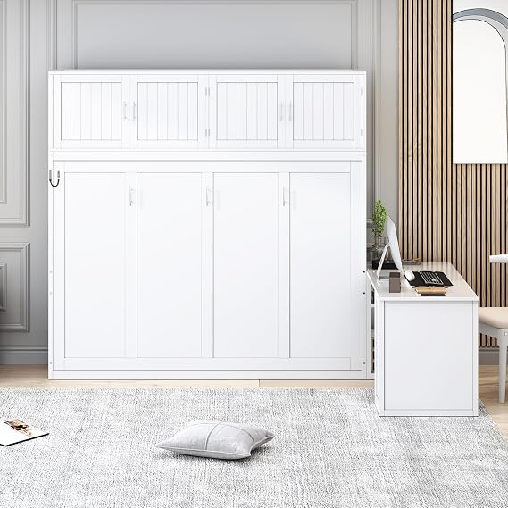 Harper & Bright Designs Queen Size Murphy Bed, Wooden Queen Wall Bed Frame with Desk and Storage Shelves and Big Cabinets, White