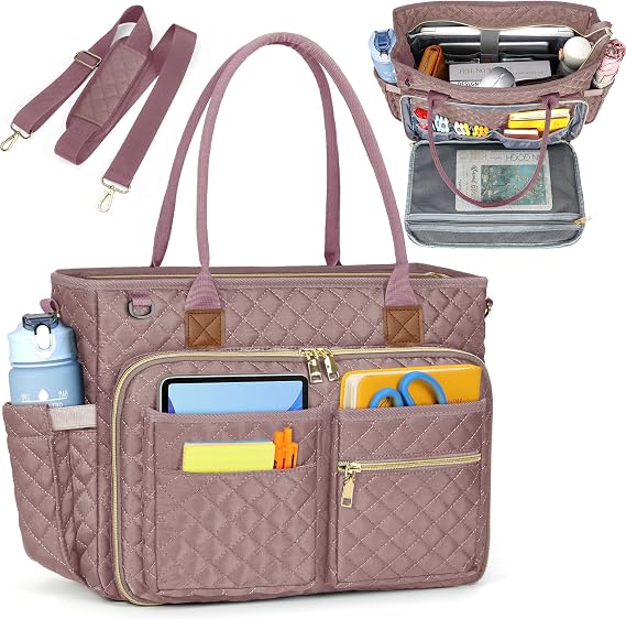 RAINSMORE Teacher Tote Bag 15.6 inch Laptop Bag for Women Work Bags Laptop Tote Nurse Bag Professional Computer Messenger with Insulated Pocket, Laptop Briefcase for Office, College, Dusty Pink
