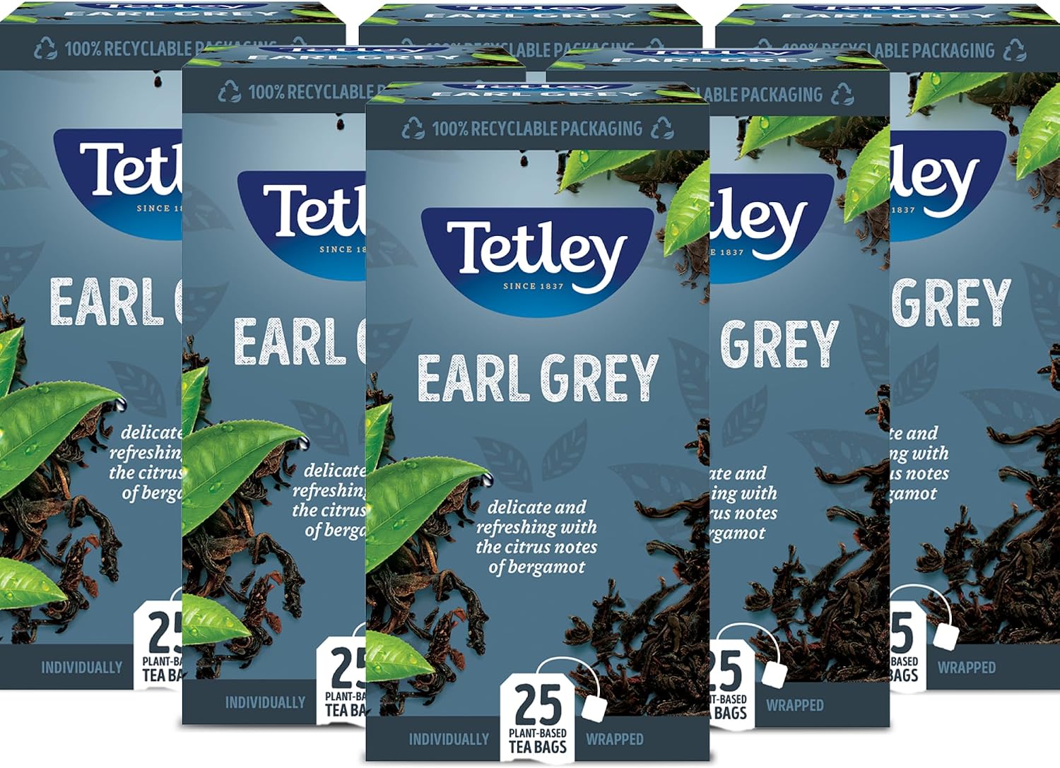 Tetley Earl Grey String & Tag Enveloped Tea Bags - Delicate Bergamot & Citrus Infusion - Premium Black Tea - Rainforest Alliance Certified - 150 Individually Wrapped Tea Bags 6x25 Pack