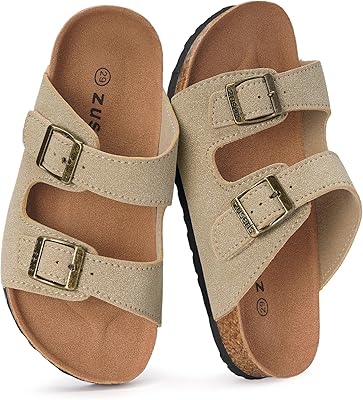 ZUSERIS Kids Toddler Sandals for Boys Girls Summer Cork Footbed Slides Non-slip Comfort Suede Leather with Adjustable Straps for Indoor Outdoor