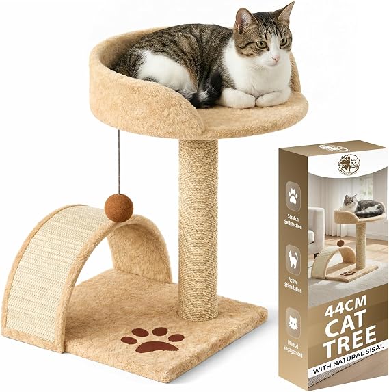 Rex & Roxy Cat Tree 44CM | Cat Scratch Post | Scratching Posts for Indoor Cats | Kitten Scratcher Post | Stable Climbing Tower With Scratching Bridge, Cosy Bed & Post for Playing (Beige)