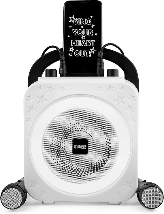 RockJam 10-Watt Rechargeable Bluetooth Karaoke Machine with Two Mics, Ring Light & Voice Effects