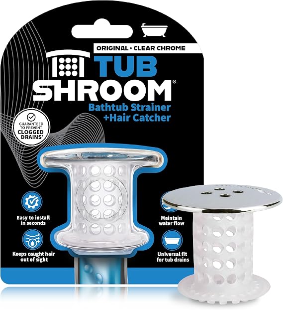TubShroom Tub Drain Hair Catcher, Chrome for Bathroom Drains, Fits 1.5 1.75 Bathtub and Shower Drains, White
