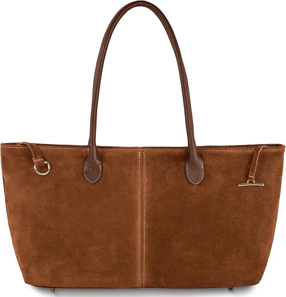 Italian Genuine Suede Tote Bag for Women, Medium Slouchy Purse (Brown)