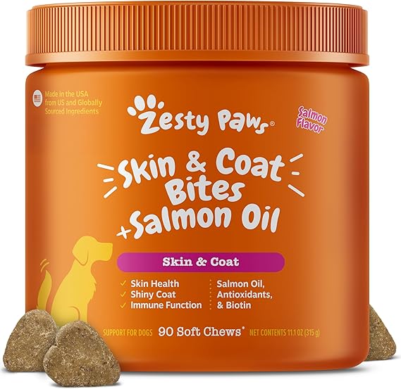 Zesty Paws Salmon Oil for Dogs - Skin & Coat Chews, Salmon, 90 Ct