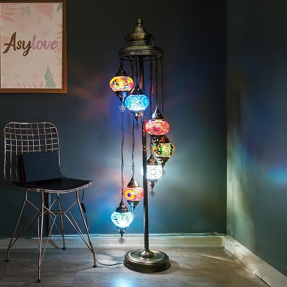 Asylove Turkish Floor Lamp, Mosaic Turkish Lamp, 7 GlobeFloor Lighting Standing Decorative Home Modern Designs Offer Handmade Glass 5 inch Globe - Total Dimensions 18 x 18 x 60 inch (Mix)