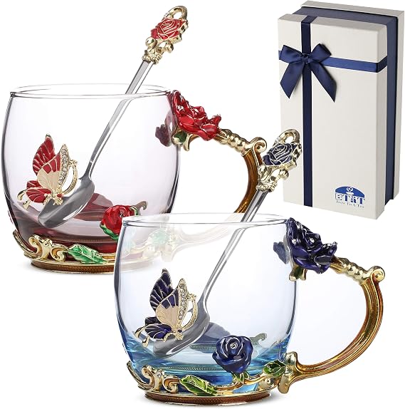 BTaT- Floral Glass Tea Cups with Spoon Set, Pack of 2, 11 oz, Blue & Red, Butterfly & Flower Design with Gift Box, Fancy Tea Cups, Dishwasher Safe