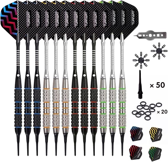 Darts Plastic Tip - Professional Soft Tip Darts Set for Electronic Dartboard 12 Pcs 18 Grams with 50 Extra Tips 24 Flights 2 Flight Protctors and Tool Kit Gift Darts