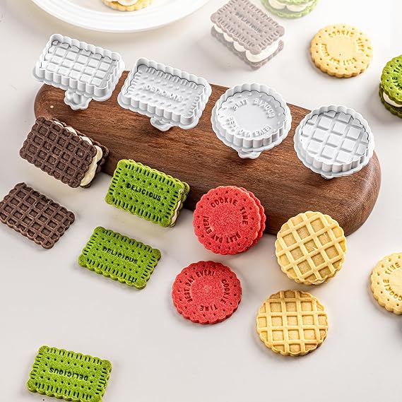 Cookie Stamps Set, 4 Pcs Waffle Pattern Cookie Mold Biscuit Cutter Set 3D Classic Cookie Cutter with Plunger Stamp, 4 Styles Funny Cookie Biscuit Molds for Treats DIY Baking, Cake, Pastry