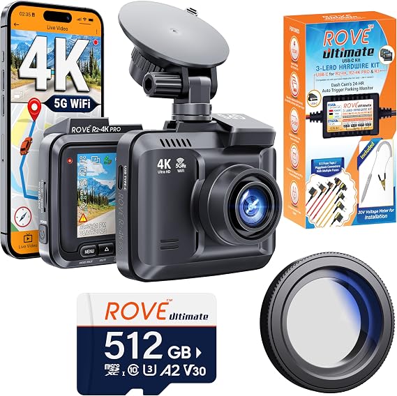 ROVE R2-4K PRO Dash Cam with Hardwire Kit, 512GB Card and CPL Filter