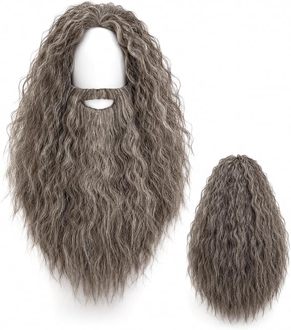 Kangaroo Gray Wizard Wig and Beard Set Long Adult Wizard Costume Mens Halloween Wig with Fake Beard & Mustache Cosplay Funny Wigs Accessories for Sorcerer, Carnival Party Dress up Apparel